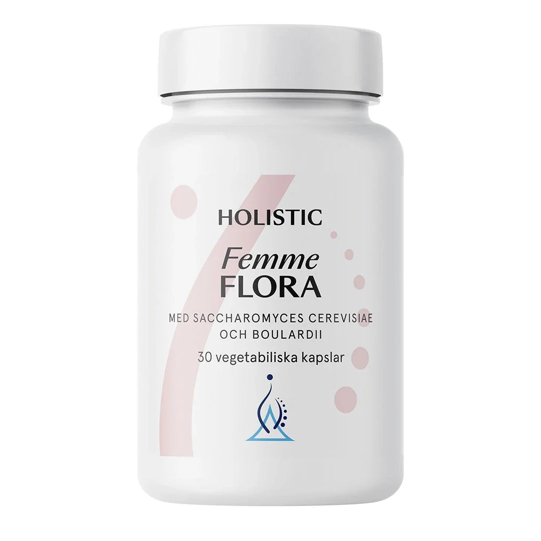 Holistic Femme Flora 30 caps, kosttillskott för mag- och tarmhälsa i en vit burk med rosa och blå detaljer.
