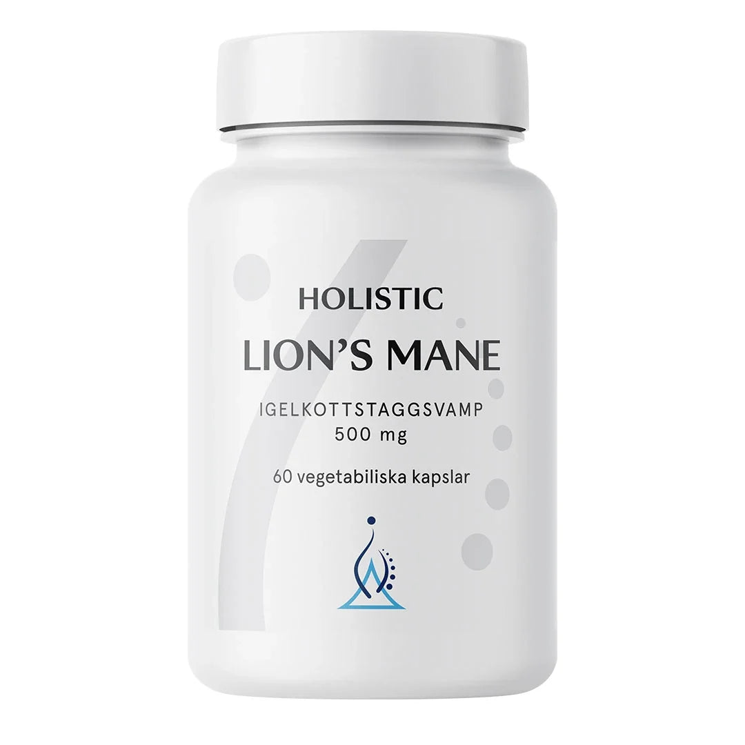 Holistic Lion's mane 60 caps i en vit burk med stilren etikett, ett veganskt kosttillskott för mentalt fokus., bild 1 av 1