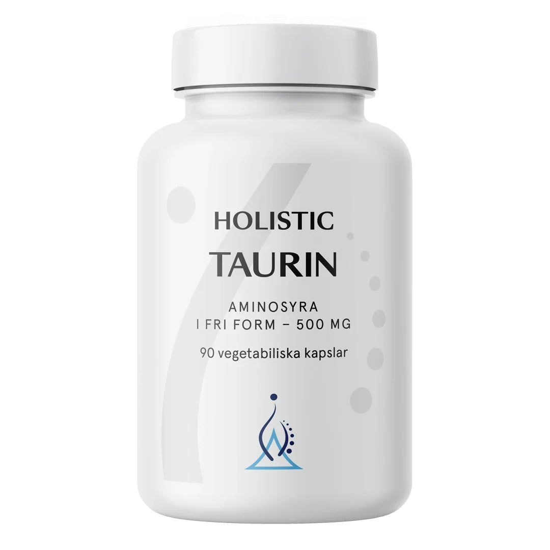 Holistic Taurin 500 mg 90 caps, ett veganskt kosttillskott förpackat i en vit burk med grå och blå detaljer.