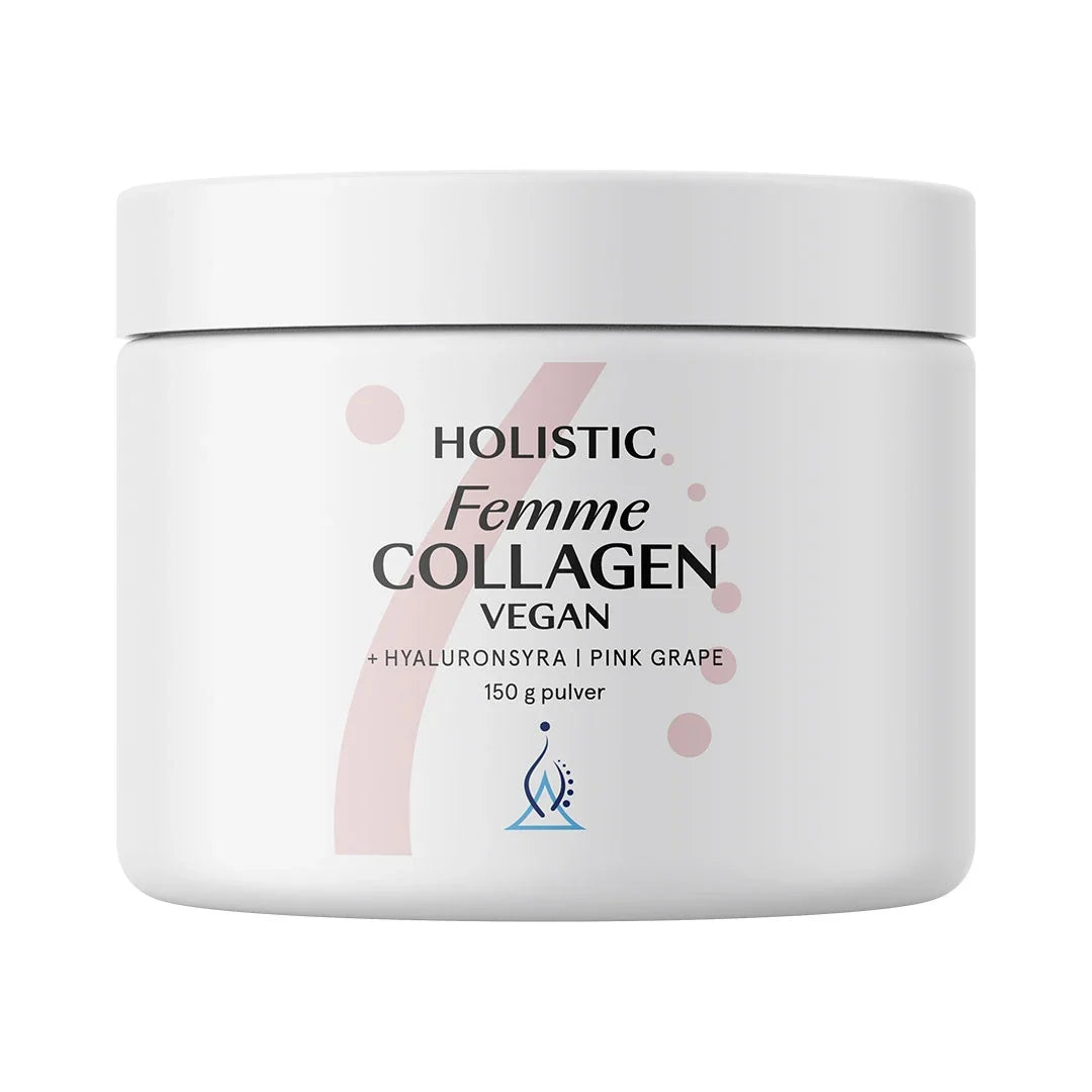 Holistic Femme Collagen vegan 150 g kollagenpulver i en vit burk med rosa detaljer och smak av Pink Grape., bild 1 av 1