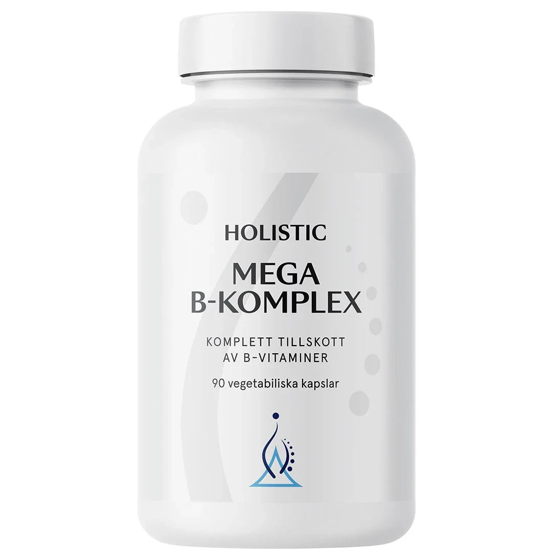 Holistic Mega B-komplex 90 caps B-vitamintillskott i en vit burk med ljusgrå detaljer., bild 1 av 1