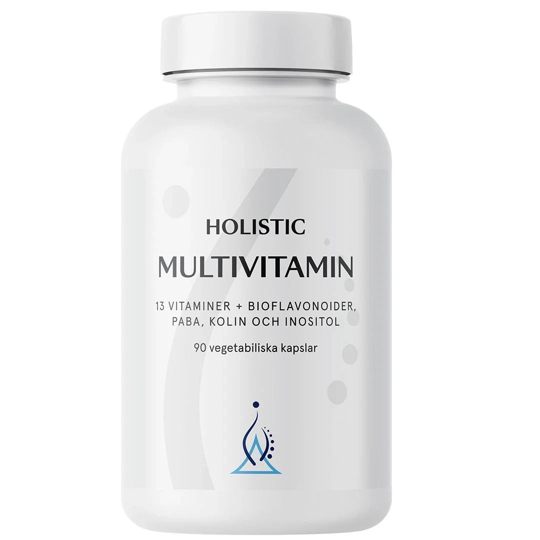 Holistic Multivitamin 90 caps i en vit burk med stilren etikett, innehållande 13 vitaminer och bioflavonoider., bild 1 av 1