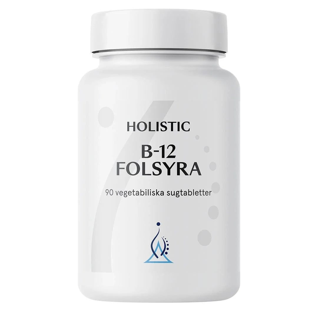 Holistic B-12 Folsyra 90 tabs i en vit plastburk med stilren etikett, ett kosttillskott för energi och nervsystem.
