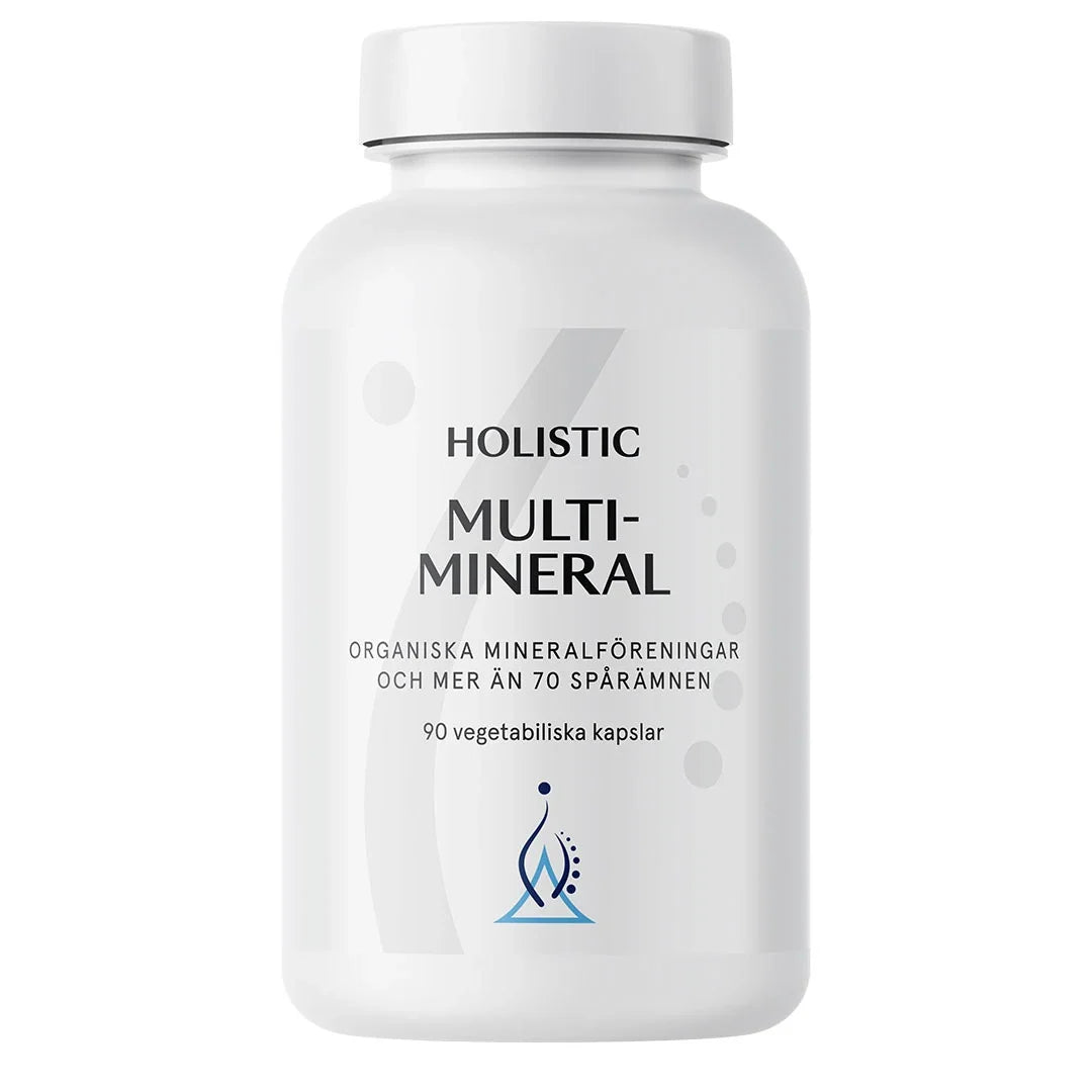 Holistic Multimineral 90 caps mineraltillskott i en stilren vit burk med vitt lock.