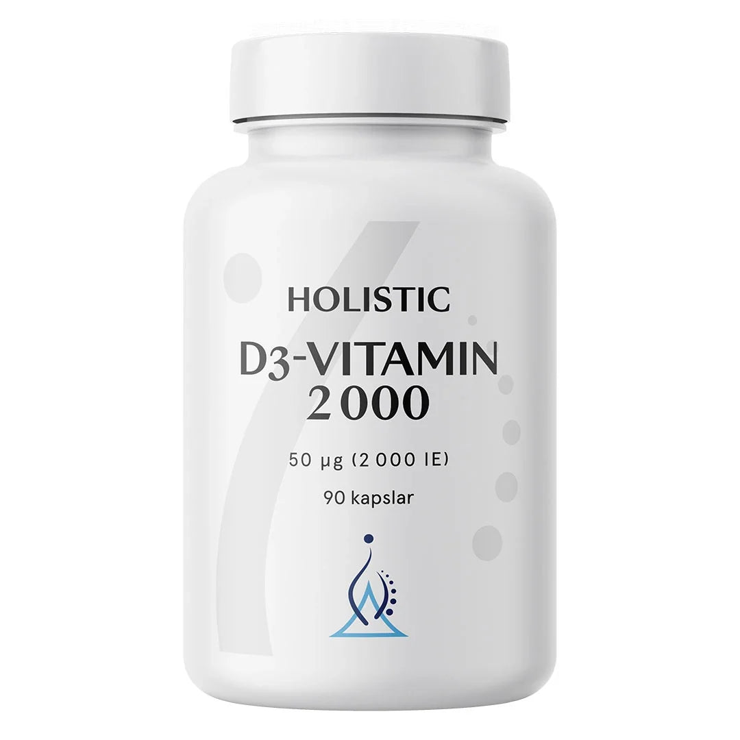 Holistic D3-vitamin 2000 90 caps kosttillskott förpackad i en vit plastburk med stilren svart text.