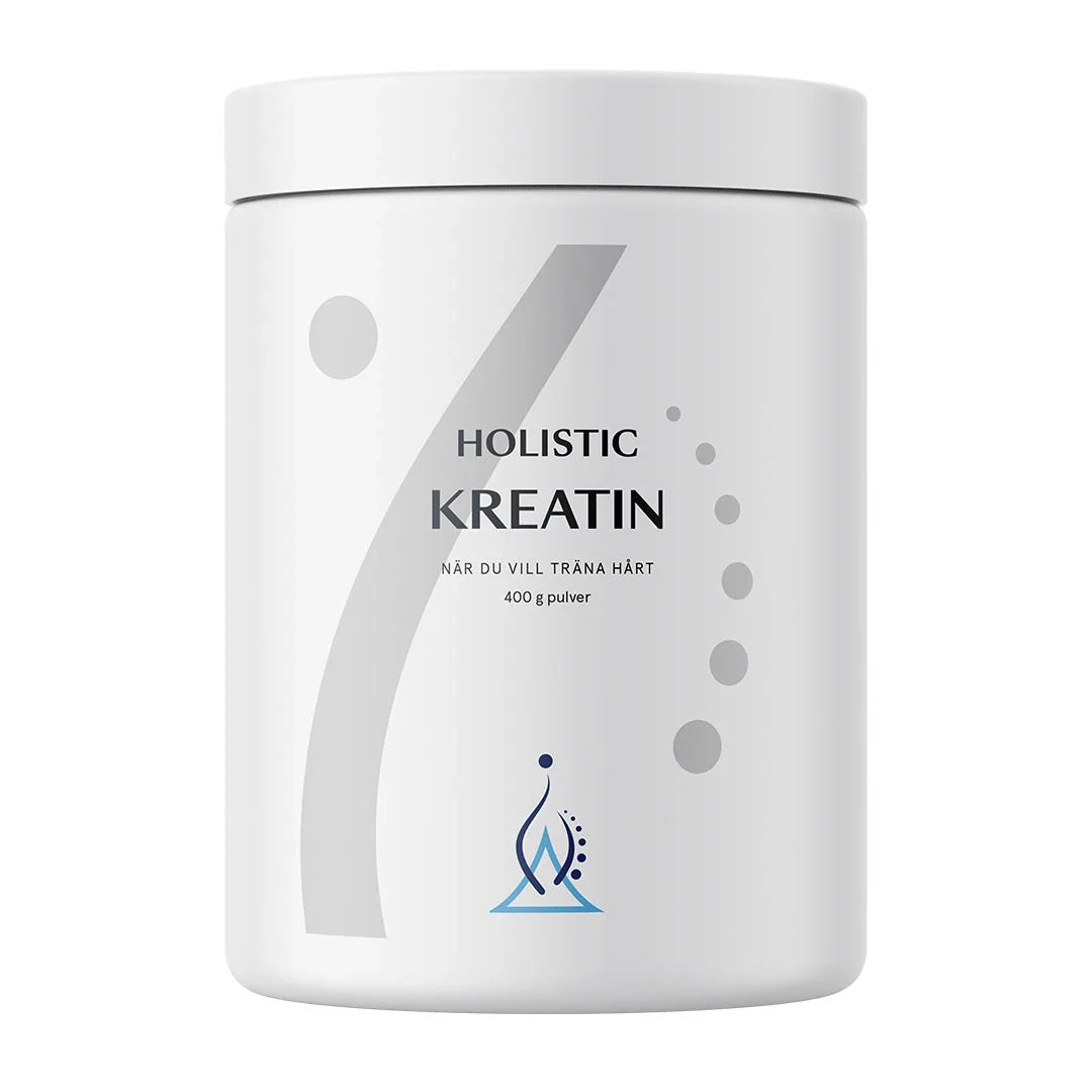 Holistic Kreatin 400 g kreatinpulver, förpackad i en stilren vit burk med grå grafiska detaljer.