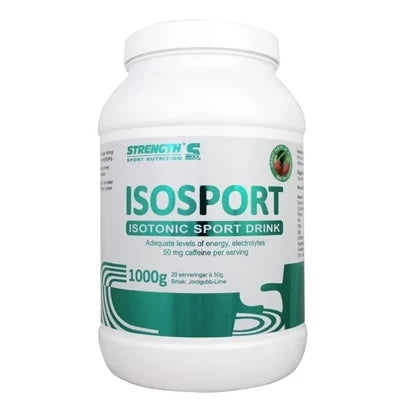 Strength Isosport 1 kg sportdryckspulver i en vit plastburk med grön text och detaljer, för extra energi under träning.