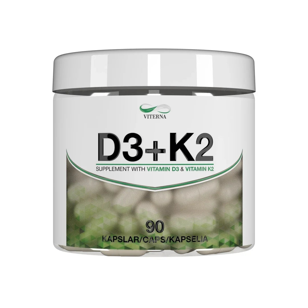 Viterna Vitamin D3 + K2 90 caps i en vit burk med gröna detaljer och synliga kapslar på etiketten.