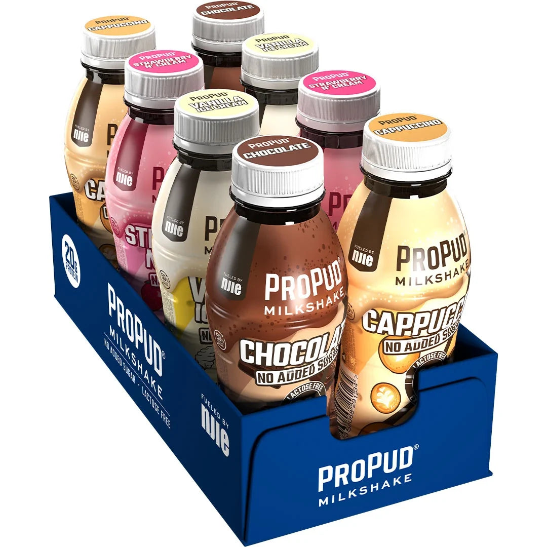 8 x NJIE ProPud Protein Milkshake Mix 330 ml i en blå låda med åtta flaskor i blandade smaker., bild 1 av 1