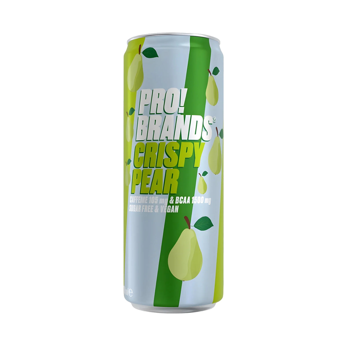 Pro Brands Drink 330 ml i en ljusblå och grön burk med päronmotiv för smaken Crispy Pear.
