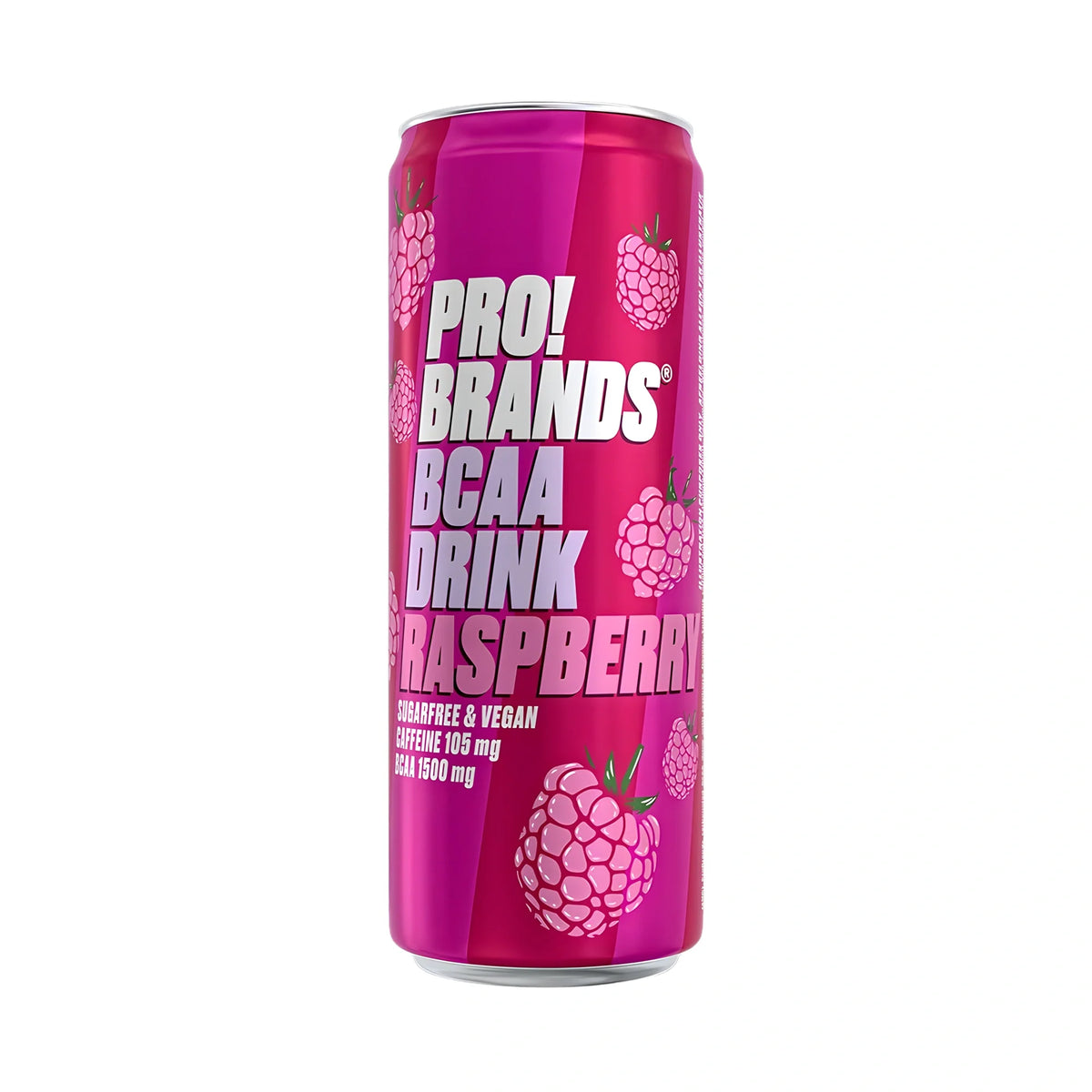 Pro Brands Drink 330 ml kolsyrad dryck i en rosa burk med hallon för smaken Raspberry.