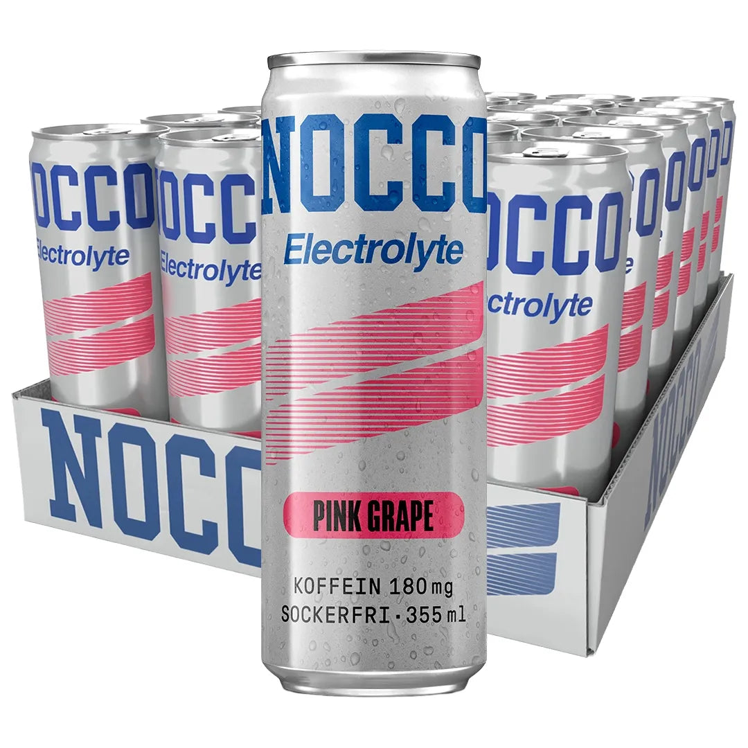 24 x NOCCO Electrolyte 355 ml Pink Grape i ett flak med silvriga burkar med rosa och blå detaljer., bild 1 av 1