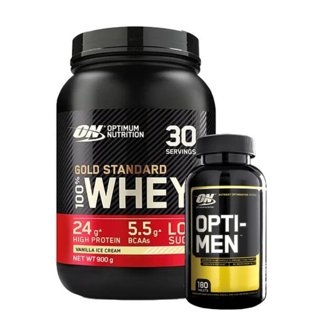 Optimum Nutrition 100% Whey Gold Standard Vassleprotein 908g +  Opti-Men, 180 Tabletter