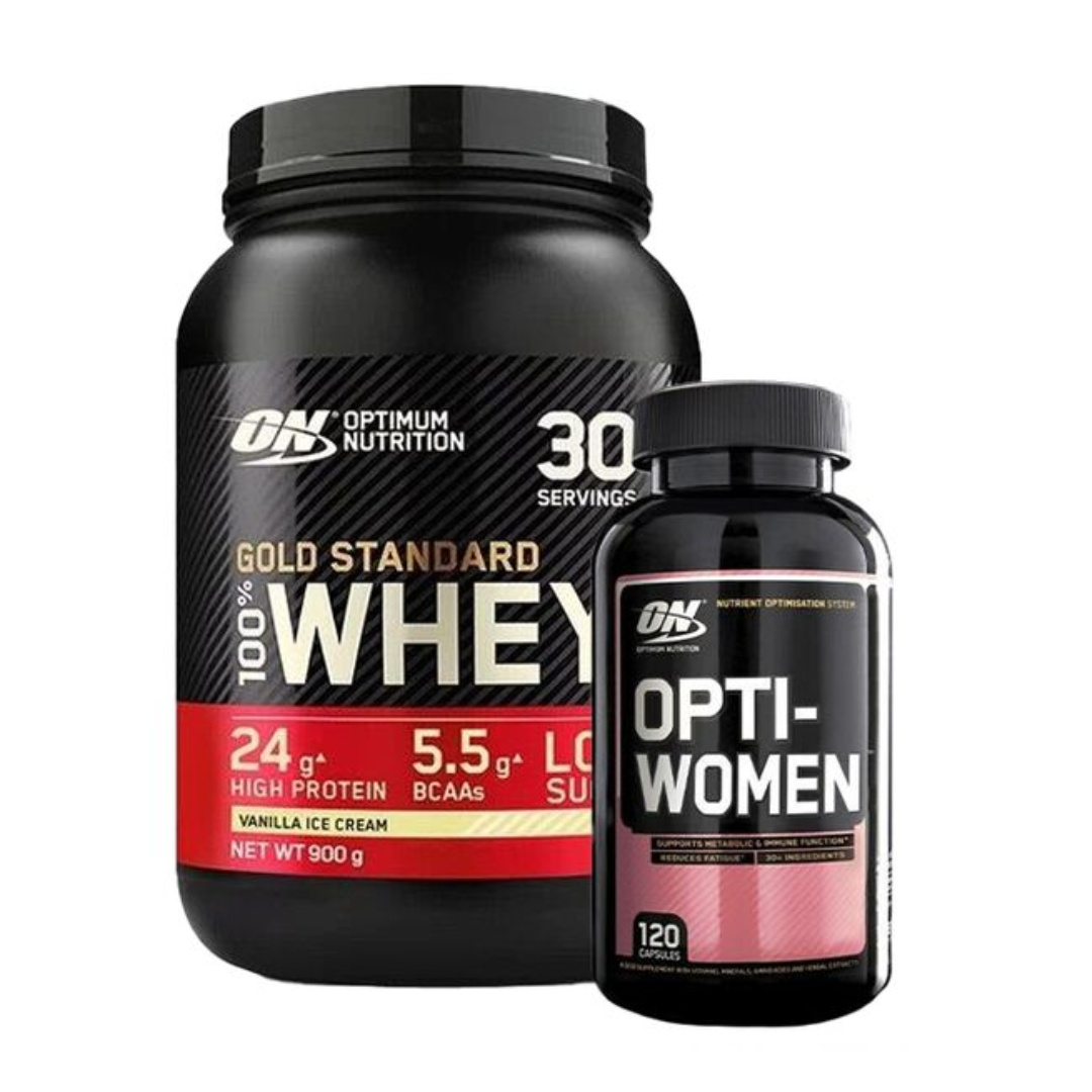 Optimum Nutrition 100% Whey Gold Standard Vassleprotein 908g +  Opti-Women, 120 Tabletter